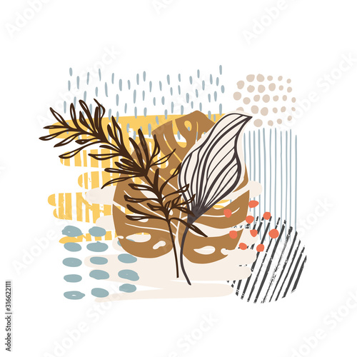 Hand drawn vector abstract tropical leaves background isolated on white. Vector