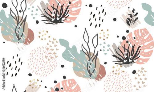 Seamless exotic pattern with tropical plants and gold glitter elements. Vector