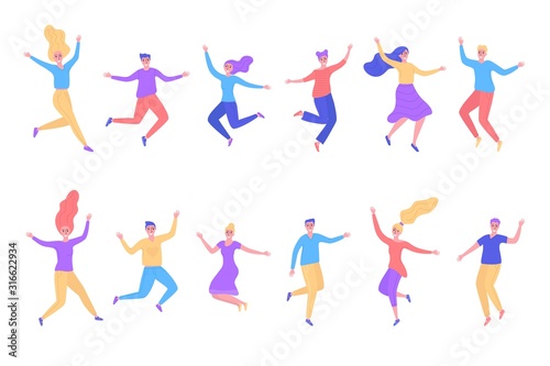 Jumping people men, women, boys, girls vector illustration isolated set. Happy smiling different active young positive people in motion jump, dance, move collection flat style.
