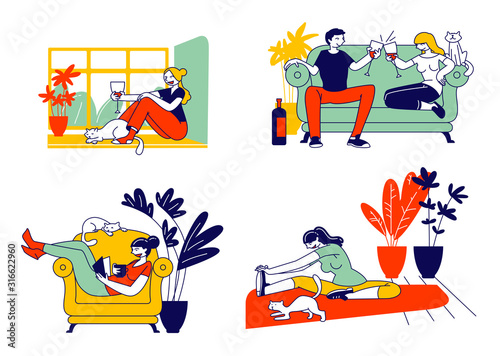 Young Woman and her Cat Set. Girl Spend Time at Home Alone and Dating with Boyfriend, Drinking Wine, Doing Fitness Workout Exercising, Reading Book with Pet. Cartoon Flat Vector Illustration, Line Art