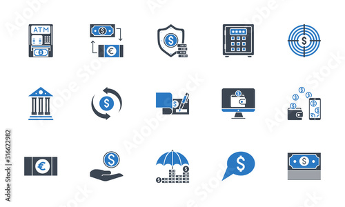 Banking icons set. Black and blue color.
