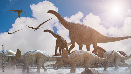 Canvas Print different dinosaurs on prehistoric background of nature, 3d render