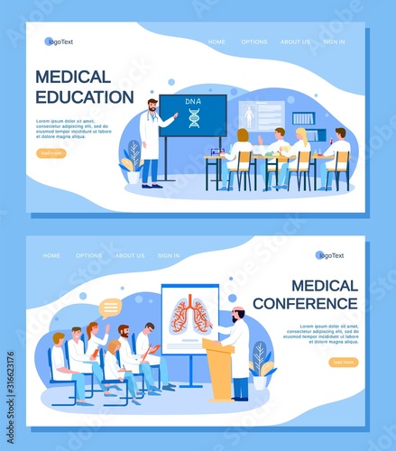 Medical education and conference with doctors people vector illustration. Man teaches students. Group of physicians listens to report of professor. Internet web site, landing page template.
