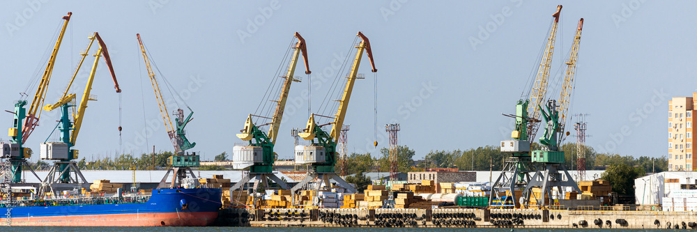 Industrial landscape with port cranes in the port on the background of the city view