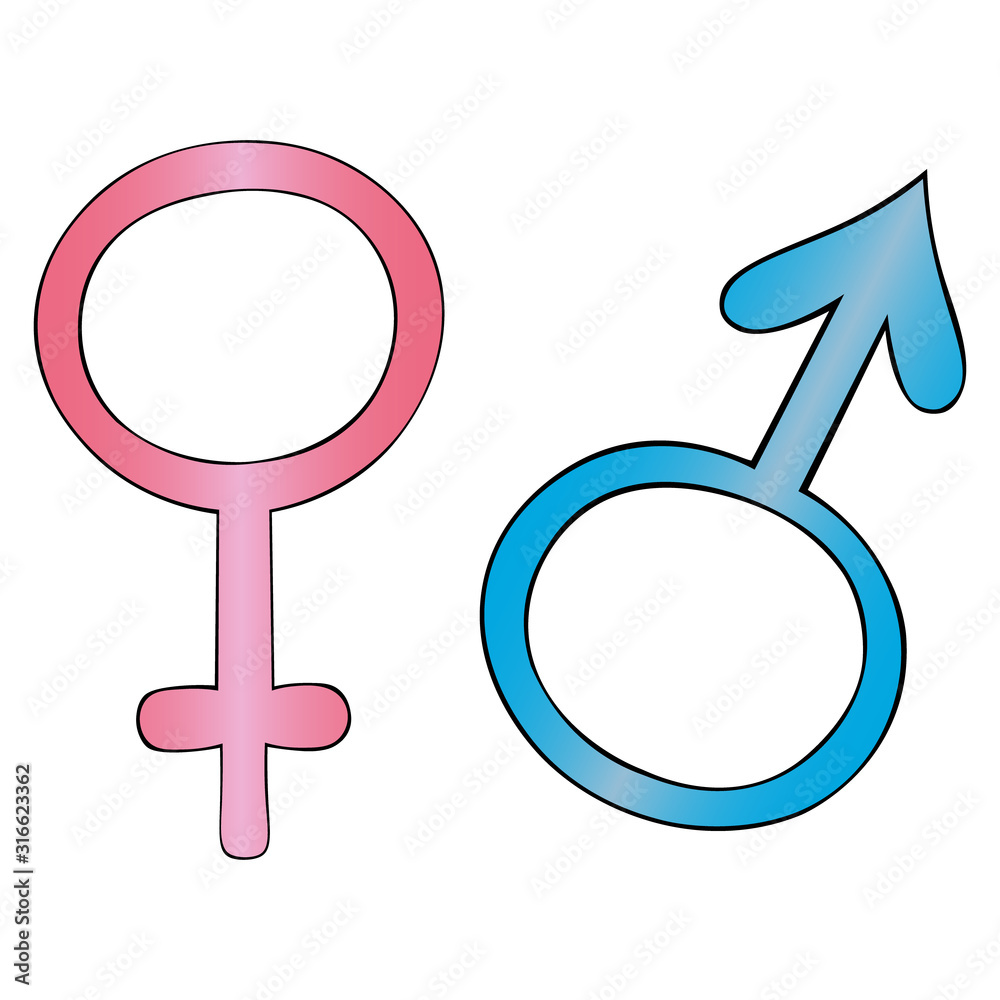Symbols of gender. Set of vector illustrations. Male and female gender. Signs on an isolated background. Cartoon style. Idea for sticker, web design, decoration of educational literature. Legend. Symbols of gender. Set of vector illustrations. Male and female gender. Signs on an isolated background. Cartoon style. Idea for sticker, web design, decoration of educational literature. Legend.