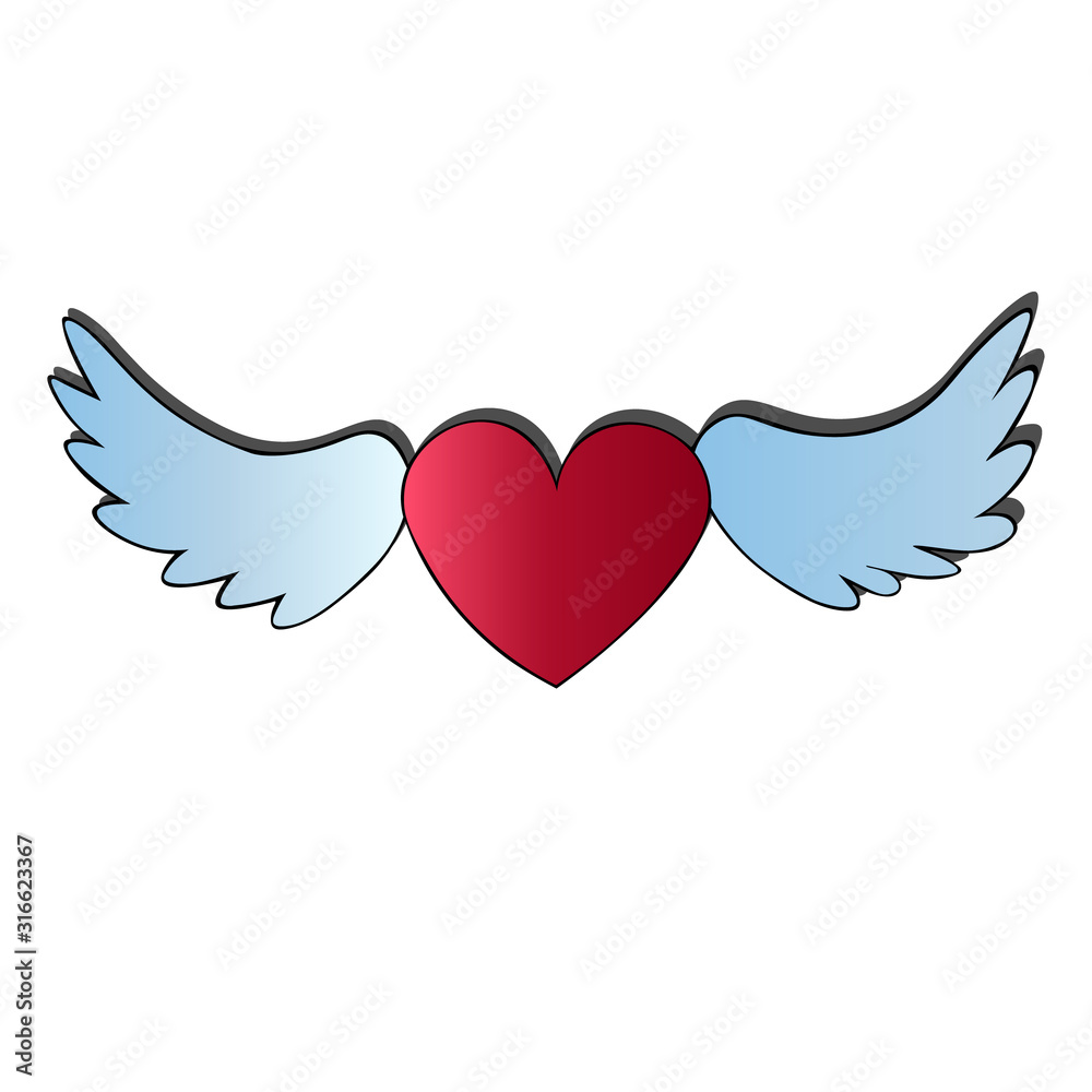Obraz premium Color vector illustration of a heart with wings. Wide scope. Isolated background. Idea for sticker, holiday card, book, magazine. Valentine day, wedding. Holiday print.