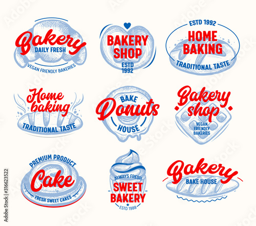 Home Baking Tags and Labels Set Isolated on White Background. Vegan Friendly Traditional Taste healthy Production, Bread, Donuts and Sweet Cakes. Objects for Pack Design Cartoon Vector Illustration