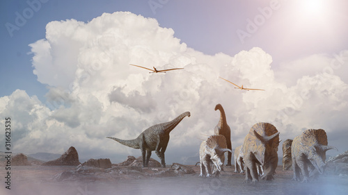 different dinosaurs on prehistoric background of nature, 3d render © de Art