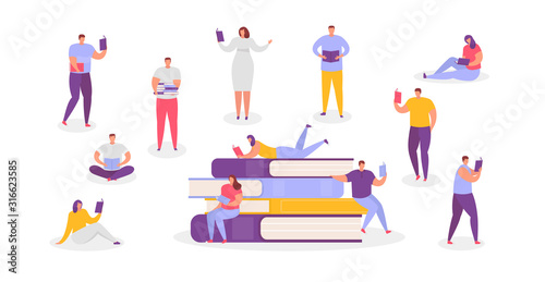 Reading people and giant books stack vector illustration isolated collection set. Men, women read fiction or educational literature while standing, sitting, in various poses.