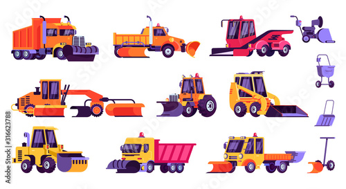 Snow machines, snow removal cleaning cars, equipment vector illustration isolated set. Tractor, dump truck, loader, plow and shovel machinery collection for seasonal winter cleaning snowy city street.