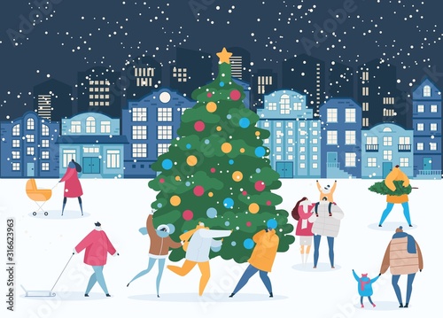 Winter night and people around Xmas tree vector illustration. Christmas and New Years celebration eve. Different people play snowballs, carry fir, walk with children outdoors in city square.