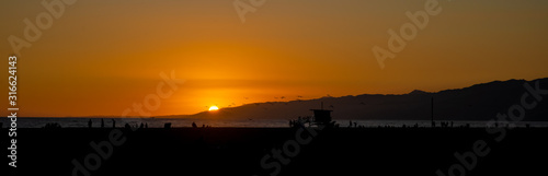 Panoramic view of Santa Monica beach in Los Angeles at sunset