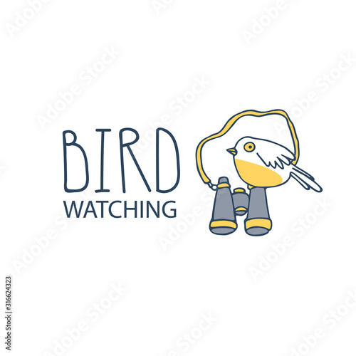 Birdwatching and ornithology concept. Bird watching icon, logo, emblem. Birding vector illustration with bird binocular and a cute cartoon bird in doodle style sitting on it