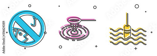Set No fishing, Fishing net in water and Fishing float in water icon. Vector