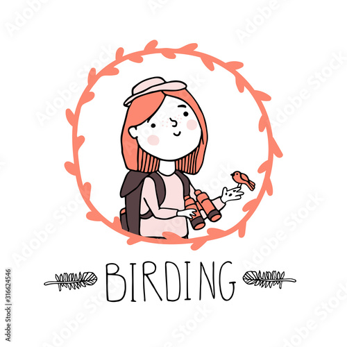 Birdwatching and ornithology concept. Young girl bird watching with binoculars and feeding a bird. Vector illustration with woman birdwatcher in floral frame and hand drawn lettering in sketch style