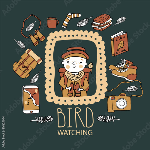 Birdwatching and ornithology concept. Young girl bird watching with binoculars and feeding a bird. Vector illustration with birdwatcher equipment. Guide, camera, backpack, snack, boots, first aid kit