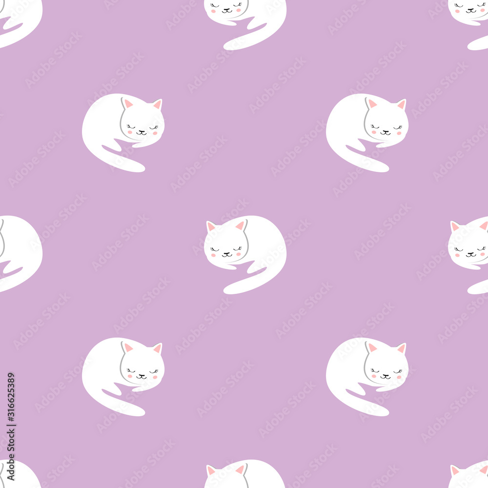 Seamless pattern with cute white cat 