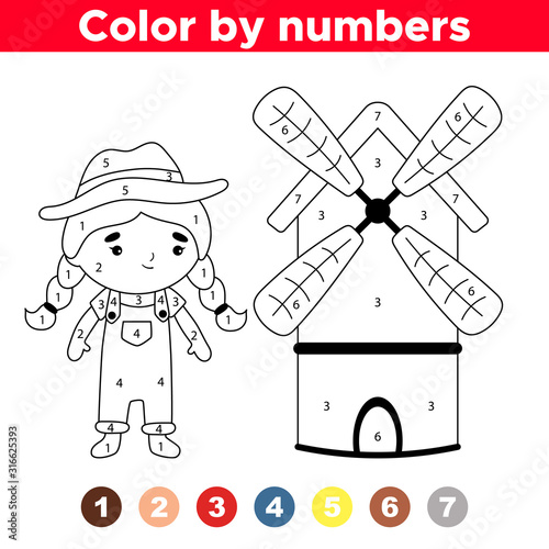 Coloring page by numbers. Cute kawaii cartoon girl farmer and windmill. Educational game for preschool children.