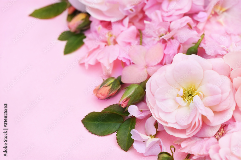 Summer blossoming delicate roses or pink spring blooming flowers festive background, pastel and soft bouquet floral card, selective focus