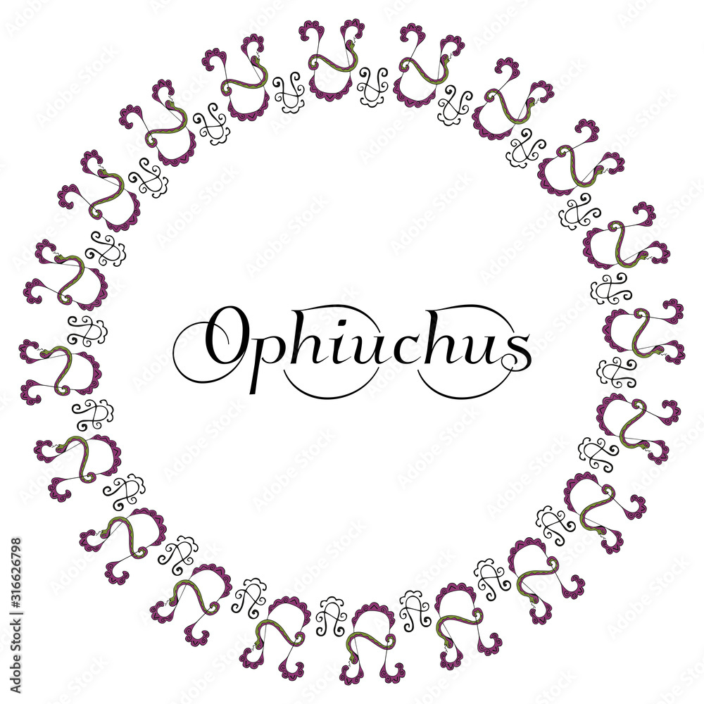 Round frame with inscription Ophiuchus in the center of the symbols of the thirteenth zodiac sign drawn by hand on a white background. Vector. Round frame with inscription Ophiuchus in the center of the symbols of the thirteenth zodiac sign drawn by hand on a white background. Vector.