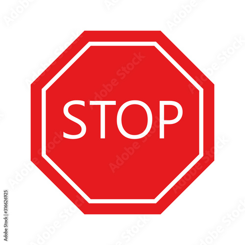 Stop traffic sign. Red octagon with white inscription. Simple flat vector icon
