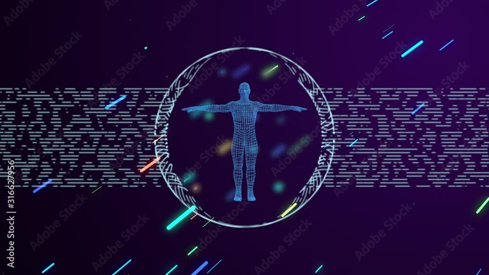 Bright futuristic gridded human hologram rotating in a circle of abstract dust and linear particles moving up.