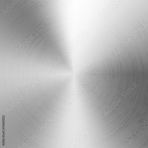 Radial polished texture silver metal background. Vector textured technology stainless steel background with circular polished, brushed concentric texture. Chrome, aluminum, nickel or platinum