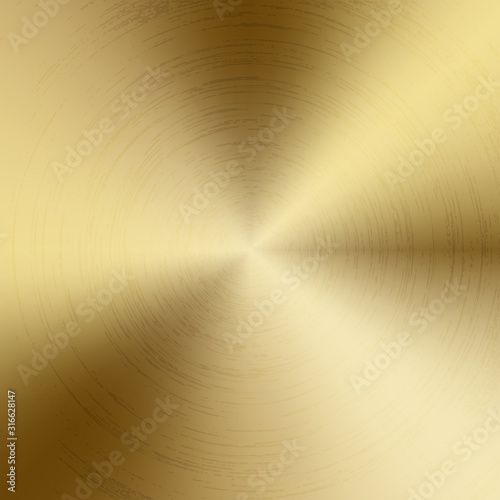 Radial polished texture golden metal background. Vector textured technology gold color background with circular polished, brushed concentric texture. Gold, brass, copper or bronze