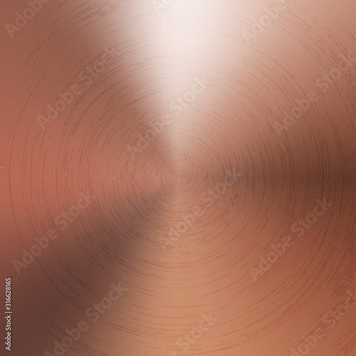 Radial polished texture copper metal background. Vector textured technology cuprum color background with circular polished, brushed concentric texture. Gold, brass or bronze
