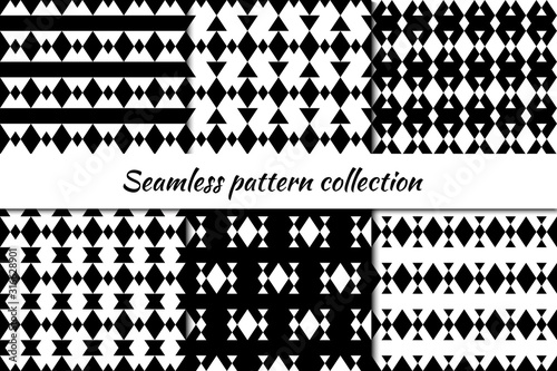 Seamless patterns collection. Rhombuses, triangles backgrounds set. Diamond, triangular shapes ornaments
