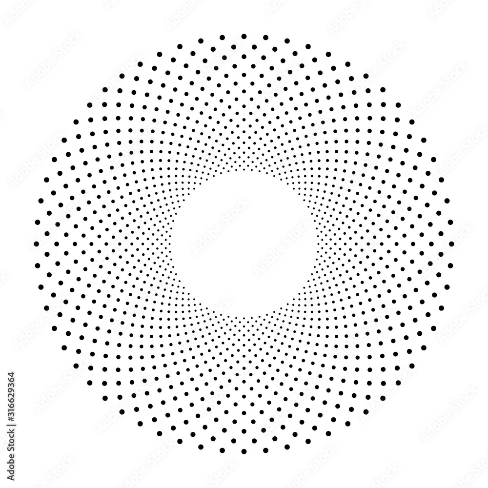 Abstract circle of black dots. Halftone effect. Modern design vector background