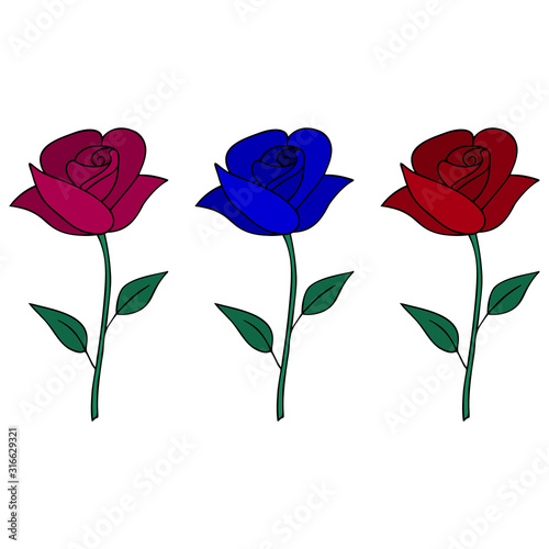 Rose flower. Pink, red and blue. Flowers on an isolated background. Set of vector illustrations. Idea for stickers, cards, invitations. Valentine's day, wedding, love. Holiday print. Cartoon style. 
