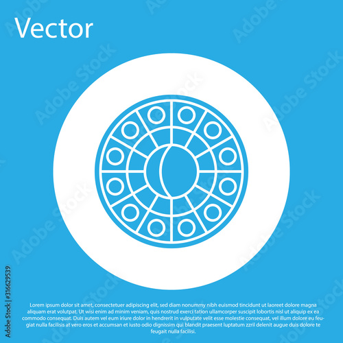 Blue Astrology horoscope circle with zodiac icon isolated on blue background. White circle button. Vector Illustration