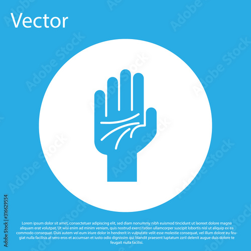 Blue Palmistry of the hand icon isolated on blue background. White circle button. Vector Illustration