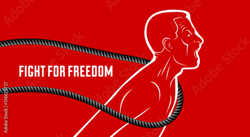 Shouting and screaming man trying to break the rope struggling for freedom, fight and liberate concept, liberty and human rights vector conceptual illustration.