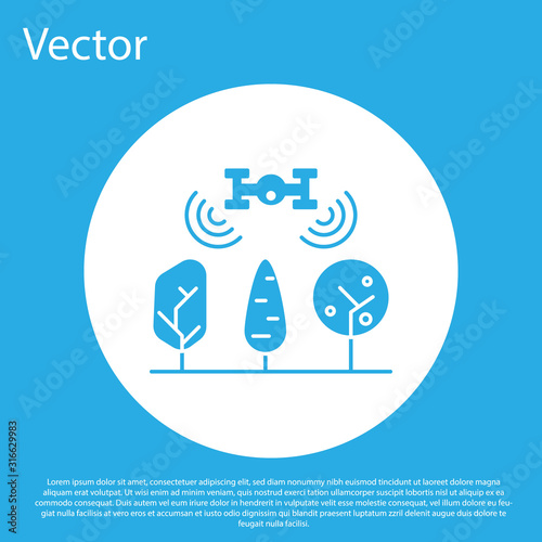 Blue Smart farm with drone control and tree icon isolated on blue background. Innovation technology for agricultural company. White circle button. Vector Illustration