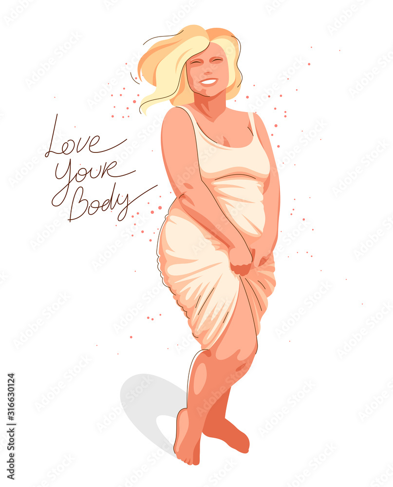 Attractive and sexy plus size woman isolated on white, vector illustration concept of body positivity health and happiness, love and accept your body idea.