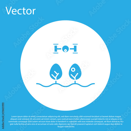 Blue Smart farm with drone control and tree icon isolated on blue background. Innovation technology for agricultural company. White circle button. Vector Illustration