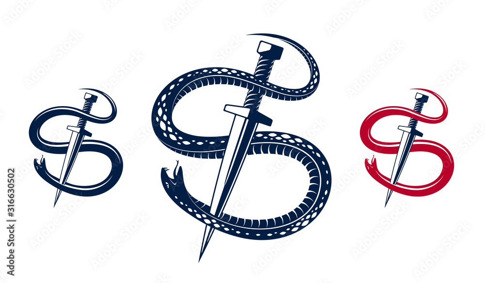 Dagger kills a Snake, defeated Serpent wraps around a sword vector vintage tattoo, Life is a Fight concept, life is no bed of roses, allegorical logo or emblem of ancient symbol. Dagger kills a Snake, defeated Serpent wraps around a sword vector vintage tattoo, Life is a Fight concept, life is no bed of roses, allegorical logo or emblem of ancient symbol.