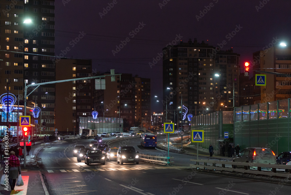 Evening New Moscow. The road through the Kommunarka. Alexandra Monakhova Street.