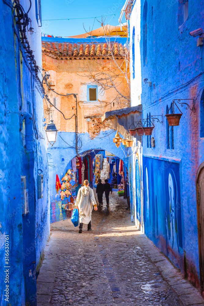Fototapeta premium Chefchaouen, a city with blue painted houses and narrow, beautiful, blue streets, Morocco, Africa
