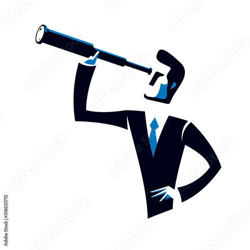 Businessman looking for opportunities in spyglass business concept vector illustration, young handsome business man searches new perspectives.