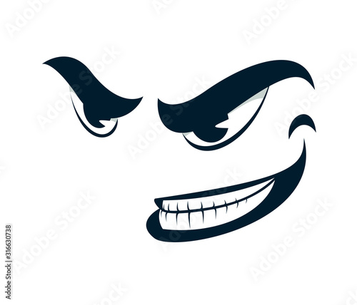 Funny cartoon angry sneering face vector smile illustration isolated on white, facial expression illustration.