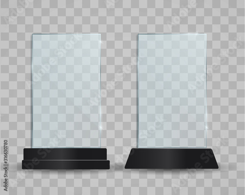 Set of transparent glass awards, trophy glass table display. plastic clear stand reflection shiny plates vector isolated template