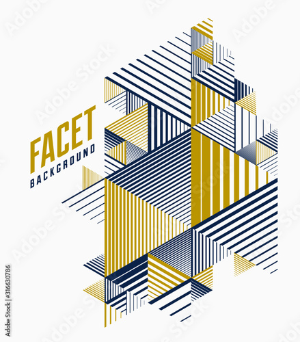 Line design 3D cubes and triangles abstract background, polygonal low poly isometric retro style template. Stripy graphic element isolated. Template for poster or banner, cover or ad.