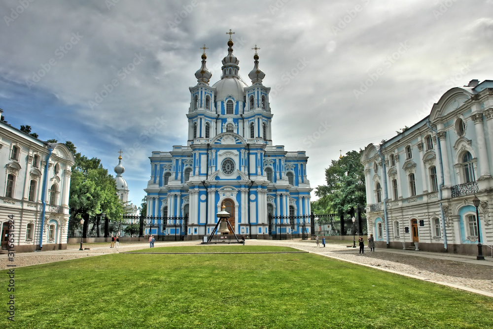 Smolny Convent or Smolny Convent of the Resurrection  located on Ploschad Rastrelli, on the bank of the River Neva in Saint Petersburg, Russia
