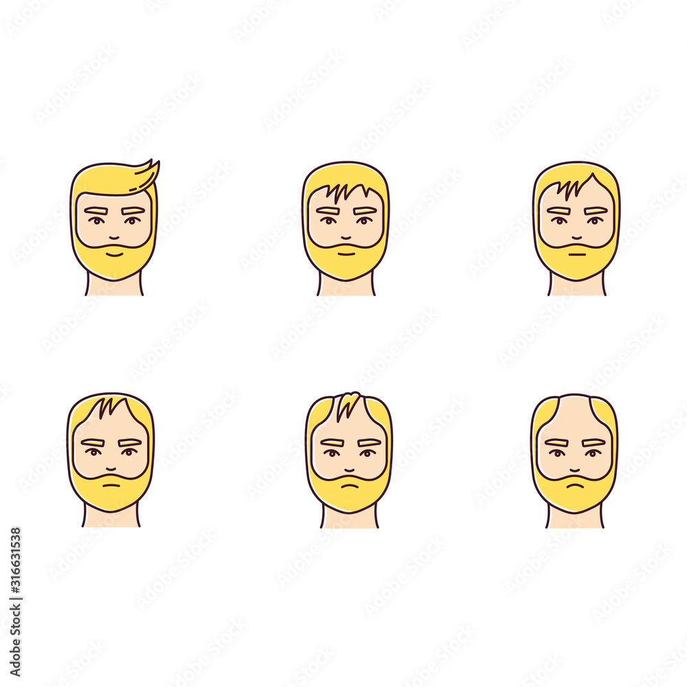 Hair loss RGB color icons set. Baldness process stages. Male alopecia conditions. Hairloss, hair thinning. Dermatology problem with scalp. Aging and stress. Isolated vector illustrations Hair loss RGB color icons set. Baldness process stages. Male alopecia conditions. Hairloss, hair thinning. Dermatology problem with scalp. Aging and stress. Isolated vector illustrations