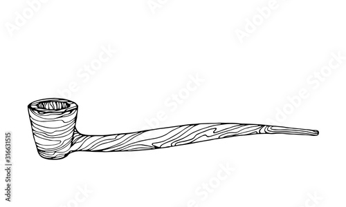 old smoking pipe with wood texture, vector illustration with black contour lines isolated on white background in doodle and hand drawn style