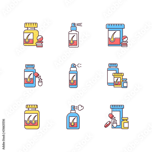 Hair loss RGB color icons set. Medicament for alopecia. Vitamin supplements to help hair thinning. Medical pills, spray for baldness. Pharmaceutical treatment. Isolated vector illustrations