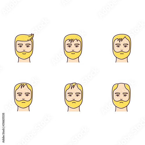 Hair loss RGB color icons set. Baldness process stages. Male alopecia conditions. Hairloss, hair thinning. Dermatology problem with scalp. Aging and stress. Isolated vector illustrations